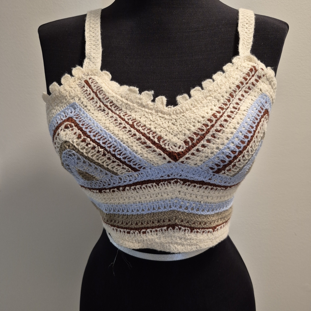 Rebellion Crochet Striped Crop Top - Cream, Blue, Brown